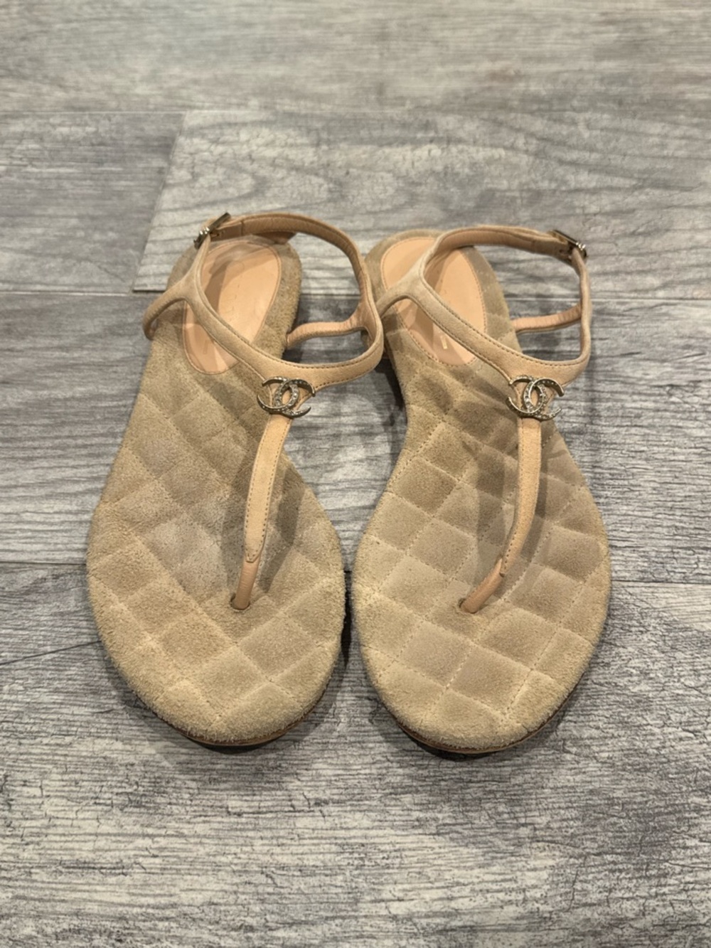 Chanel beige suede CC logo thong sandals